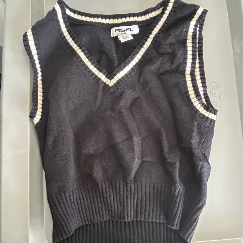 RSQ Black V-Neck Sweater Vest with White Accents